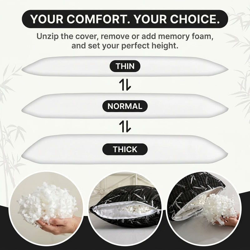 Bedroom lifestyle photo with traditional pillow versus ergonomic pillow support diagram