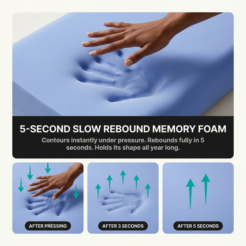 Bedroom lifestyle photo with traditional pillow versus ergonomic pillow support diagram