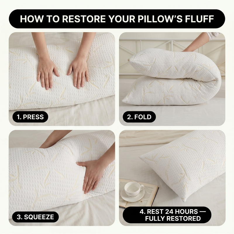 Bedroom lifestyle photo with traditional pillow versus ergonomic pillow support diagram