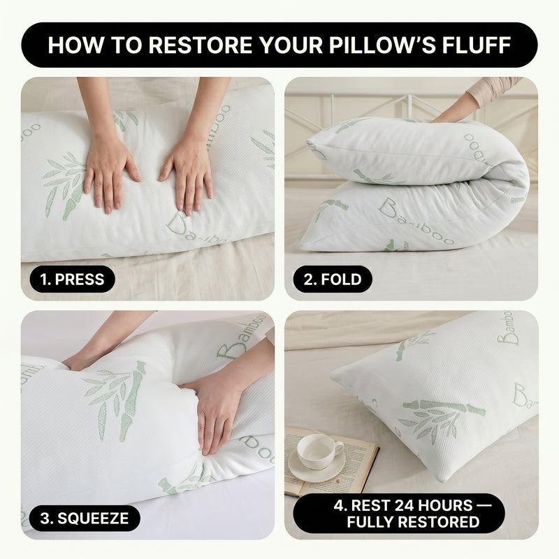 Bedroom lifestyle photo with traditional pillow versus ergonomic pillow support diagram