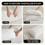 Bedroom lifestyle photo with traditional pillow versus ergonomic pillow support diagram