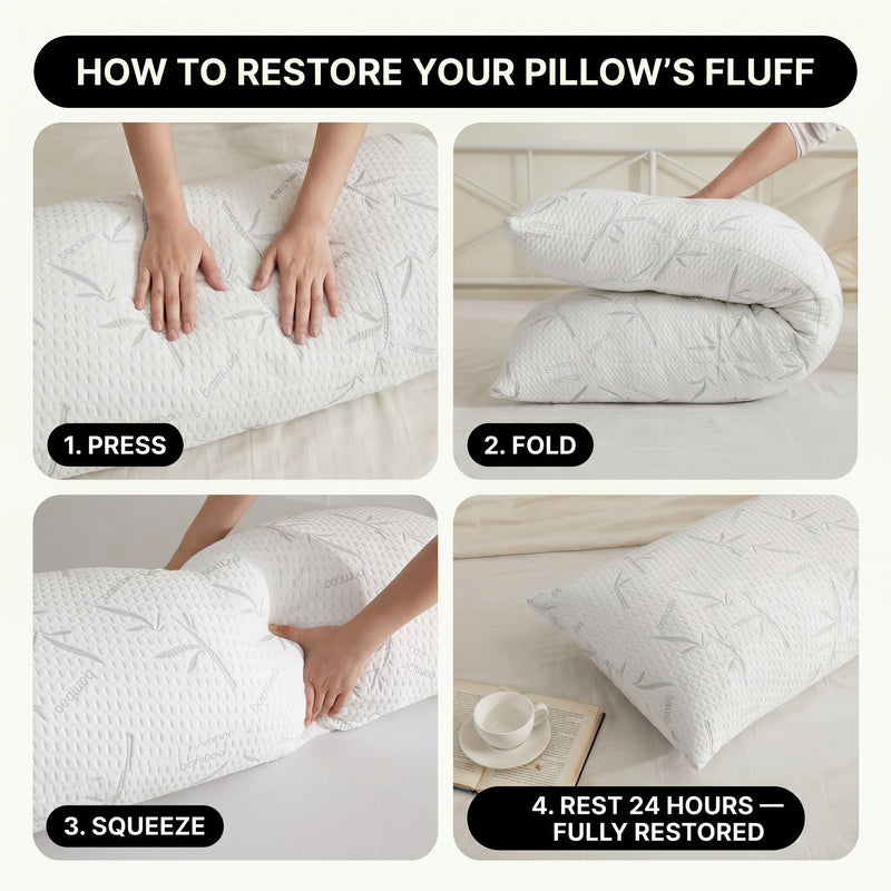Bedroom lifestyle photo with traditional pillow versus ergonomic pillow support diagram