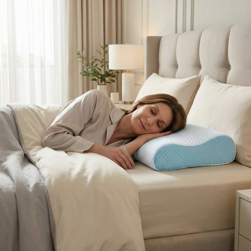 Woman side-sleeping hugging the bamboo memory foam pillow against a dark wood headboard