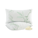 Two folded white bamboo-cover memory foam pillows with green bamboo leaf print, King, 20x36 in, studio shot