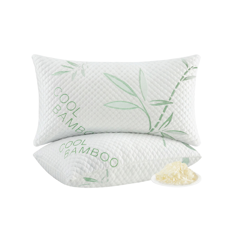 Two folded white bamboo-cover memory foam pillows with green bamboo leaf print, King, 20x36 in, studio shot