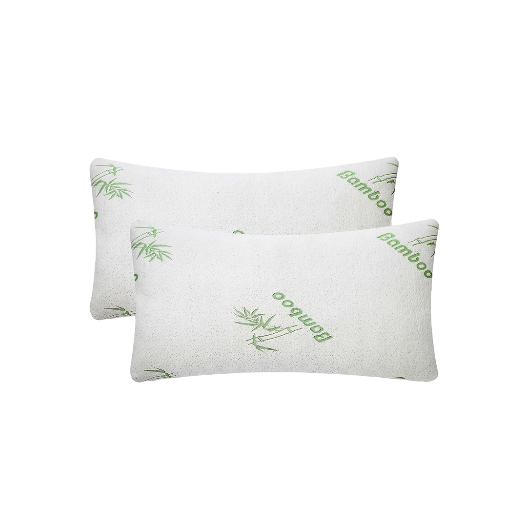 Two folded white bamboo-cover memory foam pillows with green bamboo leaf print, King, 20x36 in, studio shot