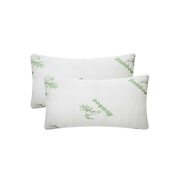 Two folded white bamboo-cover memory foam pillows with green bamboo leaf print, King, 20x36 in, studio shot