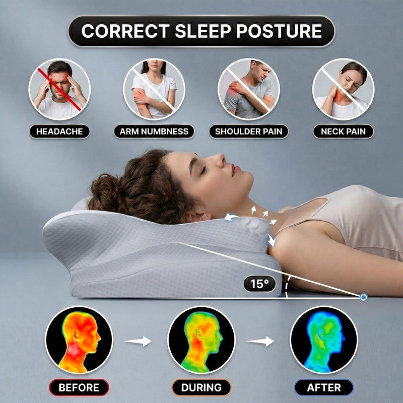 Couple pillow-fight scene with Sound Sleep Every Night headline above six sleeping-position photos