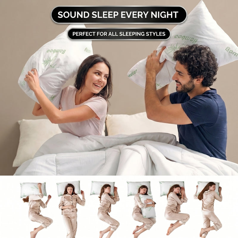 Couple pillow-fight scene with Sound Sleep Every Night headline above six sleeping-position photos