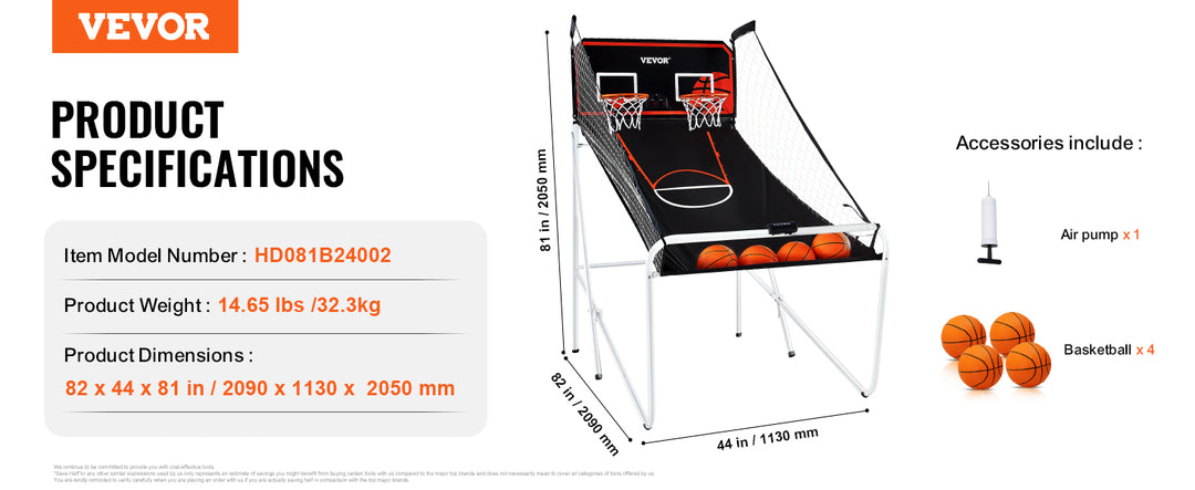 VEVOR Foldable Basketball Arcade Game Indoor Basketball Game with 4 Balls 8 Game Modes Electronic Scoreboard Inflation Pump
