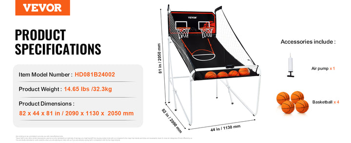 VEVOR Foldable Basketball Arcade Game Indoor Basketball Game with 4 Balls 8 Game Modes Electronic Scoreboard Inflation Pump
