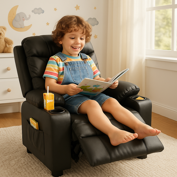 Premium PU Leather Kids Recliner Chair with Dual Cup Holders & Storage Pockets - Ergonomic Youth Furniture with 130° Recline