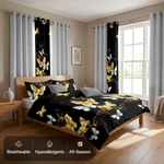 Striped bedding set with matching curtains in a sunlit bedroom, with breathable, hypoallergenic and all-season icons