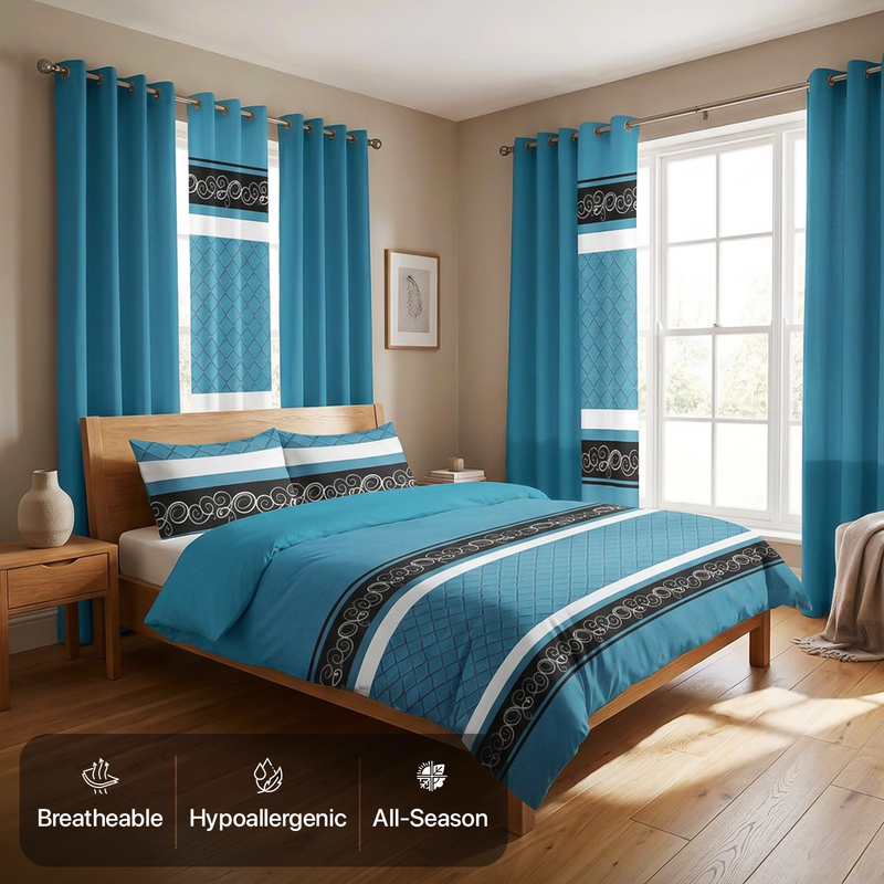 Striped bedding set with matching curtains in a sunlit bedroom, with breathable, hypoallergenic and all-season icons