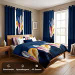 Striped bedding set with matching curtains in a sunlit bedroom, with breathable, hypoallergenic and all-season icons