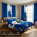 Striped bedding set with matching curtains in a sunlit bedroom, with breathable, hypoallergenic and all-season icons