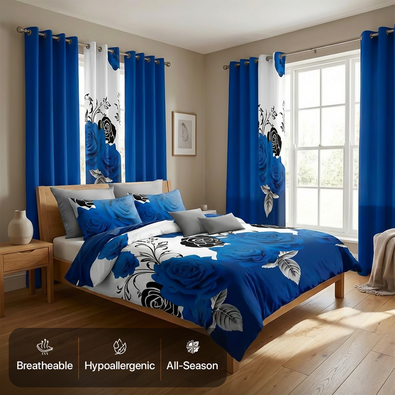 Striped bedding set with matching curtains in a sunlit bedroom, with breathable, hypoallergenic and all-season icons