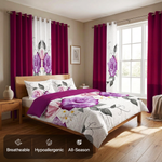 Striped bedding set with matching curtains in a sunlit bedroom, with breathable, hypoallergenic and all-season icons