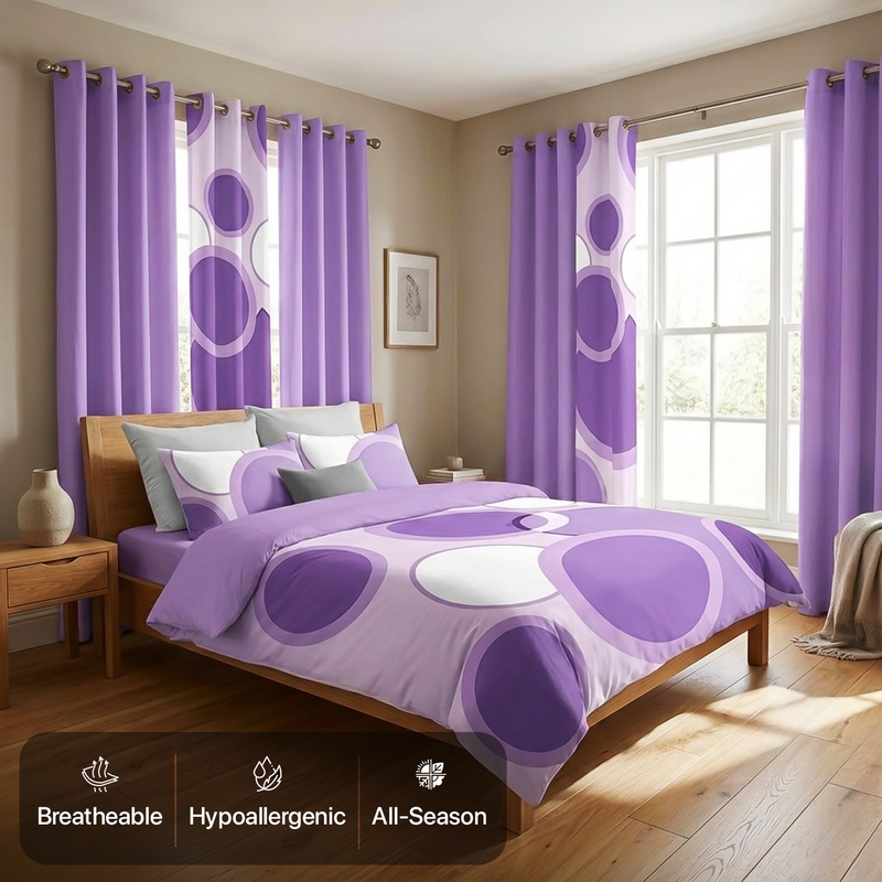 Striped bedding set with matching curtains in a sunlit bedroom, with breathable, hypoallergenic and all-season icons