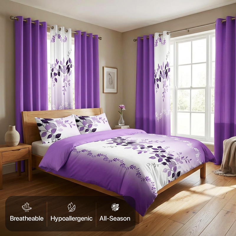 Striped bedding set with matching curtains in a sunlit bedroom, with breathable, hypoallergenic and all-season icons