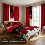 Striped bedding set with matching curtains in a sunlit bedroom, with breathable, hypoallergenic and all-season icons