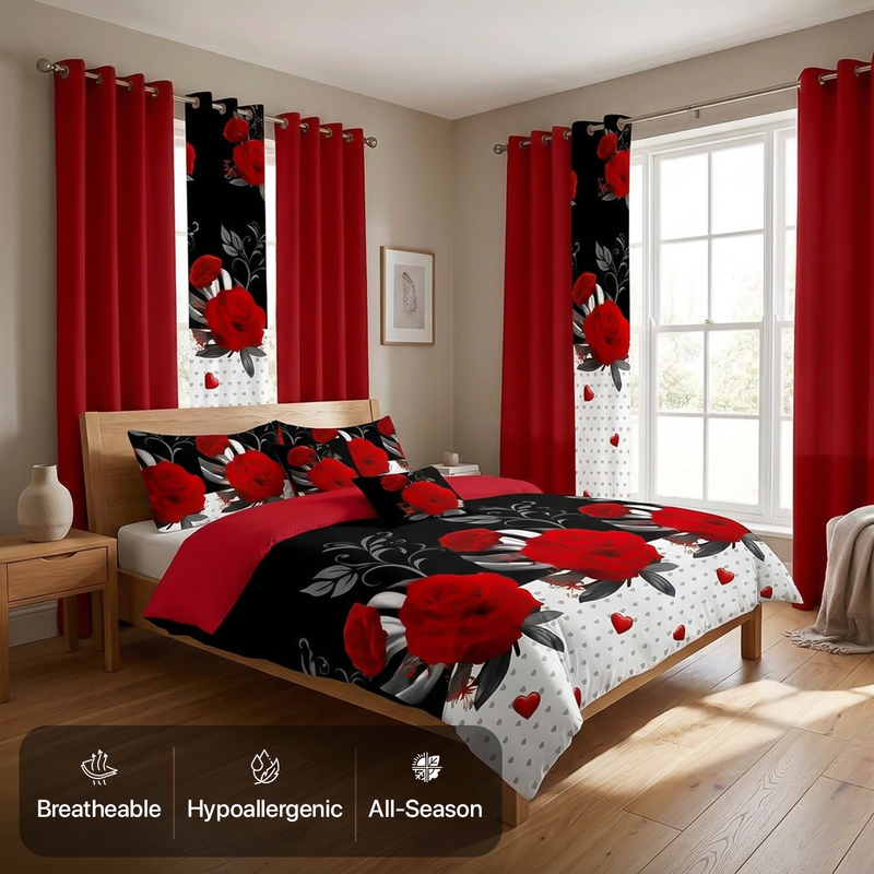 Striped bedding set with matching curtains in a sunlit bedroom, with breathable, hypoallergenic and all-season icons