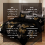 Size chart listing comforter, sheet and pillowcase dimensions for Twin, Queen, King and Cal King