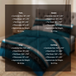 Size chart listing comforter, sheet and pillowcase dimensions for Twin, Queen, King and Cal King