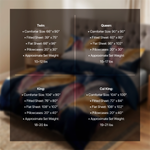 Size chart listing comforter, sheet and pillowcase dimensions for Twin, Queen, King and Cal King