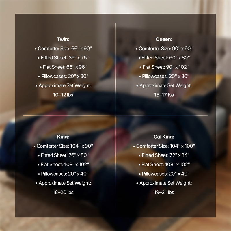 Size chart listing comforter, sheet and pillowcase dimensions for Twin, Queen, King and Cal King