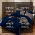 Size chart listing comforter, sheet and pillowcase dimensions for Twin, Queen, King and Cal King