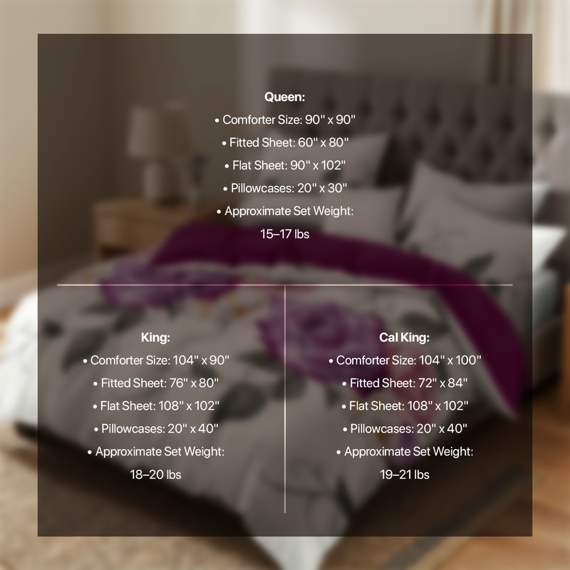 Size chart listing comforter, sheet and pillowcase dimensions for Twin, Queen, King and Cal King