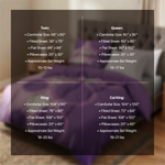Size chart listing comforter, sheet and pillowcase dimensions for Twin, Queen, King and Cal King