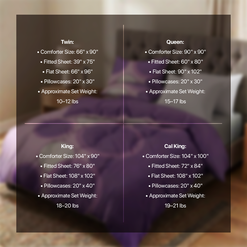 Size chart listing comforter, sheet and pillowcase dimensions for Twin, Queen, King and Cal King
