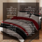 Size chart listing comforter, sheet and pillowcase dimensions for Twin, Queen, King and Cal King