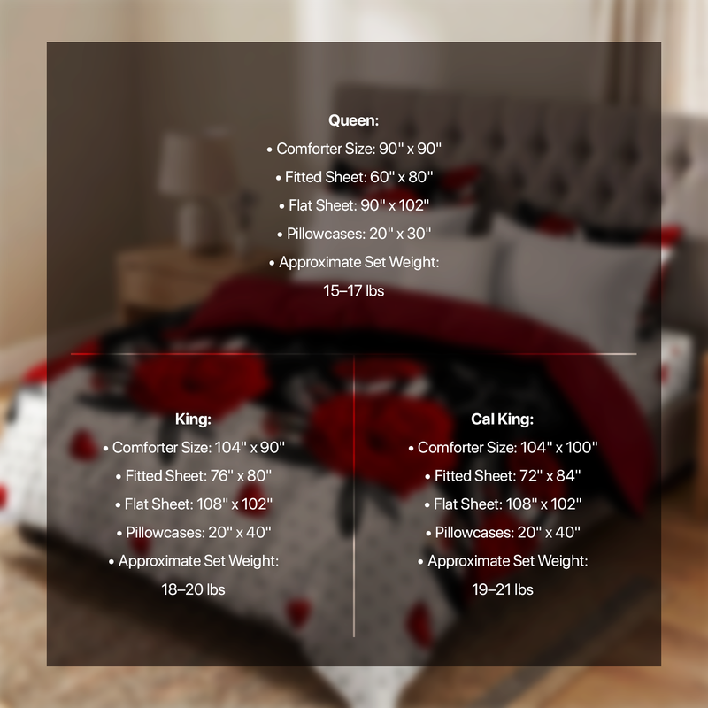 Size chart listing comforter, sheet and pillowcase dimensions for Twin, Queen, King and Cal King