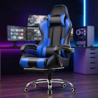 Blue and black big and tall gaming chair with footrest extended in a gaming room
