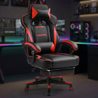 Blue and black big and tall gaming chair with footrest extended in a gaming room