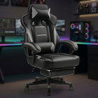 Blue and black big and tall gaming chair with footrest extended in a gaming room