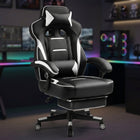 Blue and black big and tall gaming chair with footrest extended in a gaming room