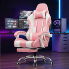 Blue and black big and tall gaming chair with footrest extended in a gaming room