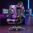 Blue and black big and tall gaming chair with footrest extended in a gaming room