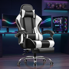 Blue and black big and tall gaming chair with footrest extended in a gaming room