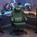 Blue and black big and tall gaming chair with footrest extended in a gaming room