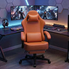 Blue and black big and tall gaming chair with footrest extended in a gaming room