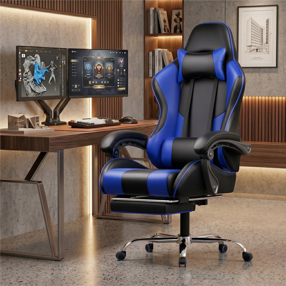 Blue gaming chair with pull-out footrest at a dual-monitor home office desk