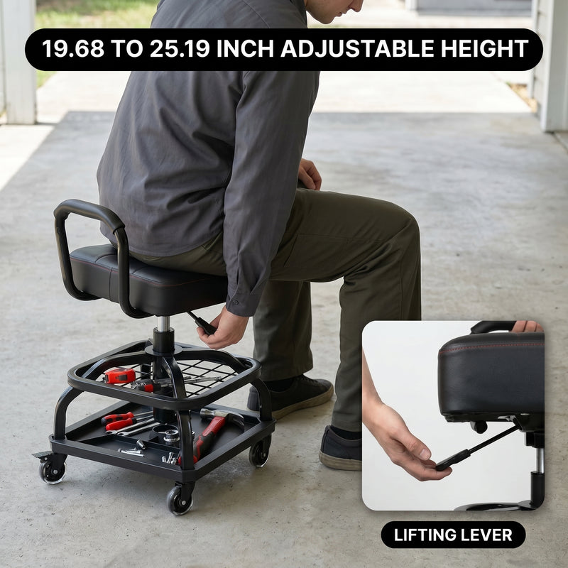 Man adjusting the pneumatic lifting lever under the yellow mechanic stool seat