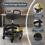 Man adjusting the pneumatic lifting lever under the yellow mechanic stool seat