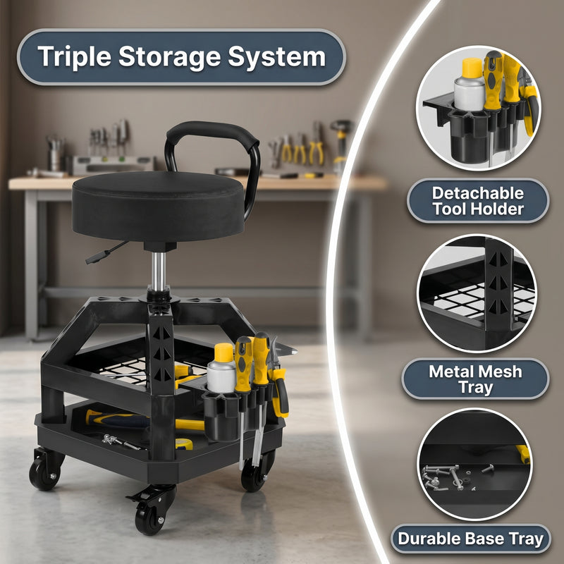 Man adjusting the pneumatic lifting lever under the yellow mechanic stool seat