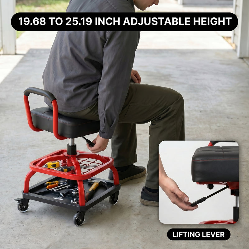 Man adjusting the pneumatic lifting lever under the yellow mechanic stool seat